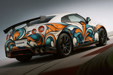 Load image into Gallery viewer, Ocean Wave Abstract Car Wrap – Nissan GTR Full Body Vinyl Wrap | Blue Orange Teal 3D Flow Design | Premium Racing Vehicle Wrap by Stickalz nv015
