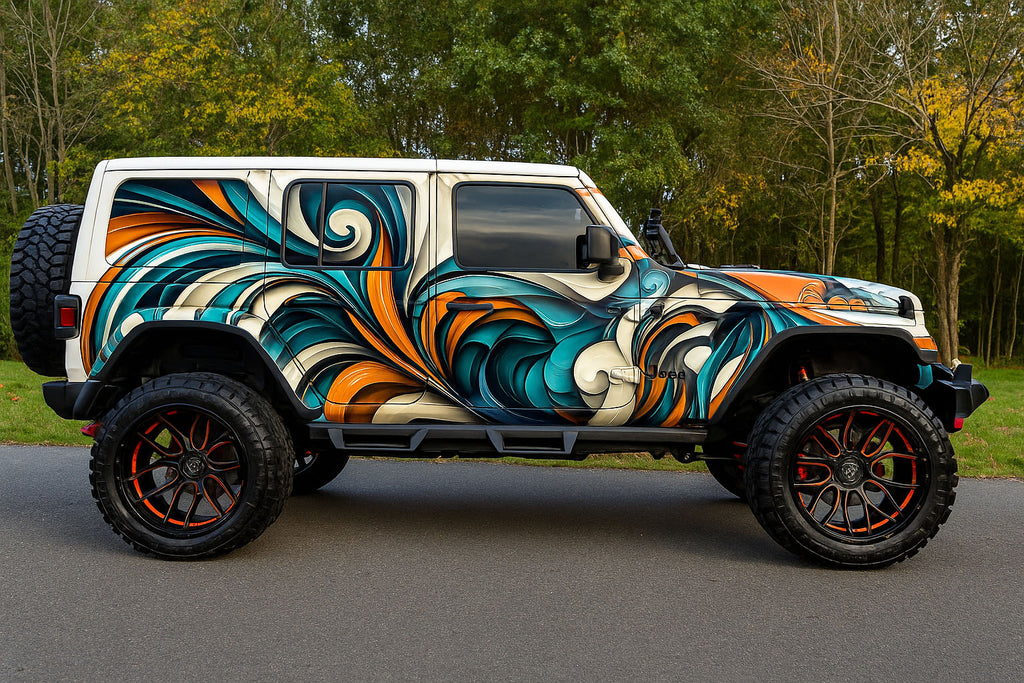 Ocean Wave Abstract Car Wrap – Nissan GTR Full Body Vinyl Wrap | Blue Orange Teal 3D Flow Design | Premium Racing Vehicle Wrap by Stickalz nv015