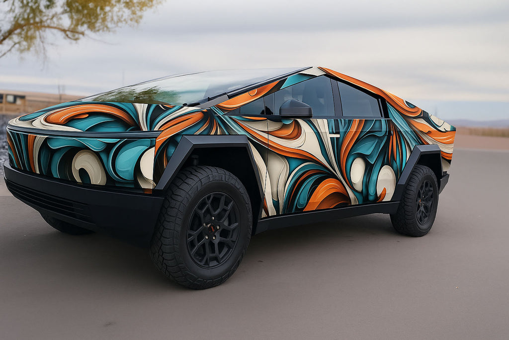 Ocean Wave Abstract Car Wrap – Nissan GTR Full Body Vinyl Wrap | Blue Orange Teal 3D Flow Design | Premium Racing Vehicle Wrap by Stickalz nv015