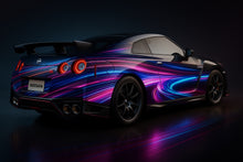 Load image into Gallery viewer, Neon Light Trail Car Wrap – Electric Blue &amp; Pink Vinyl Wrap for Nissan GTR | Futuristic Glow Racing Design | Custom Sports Car Wrap by Stickalz nv017