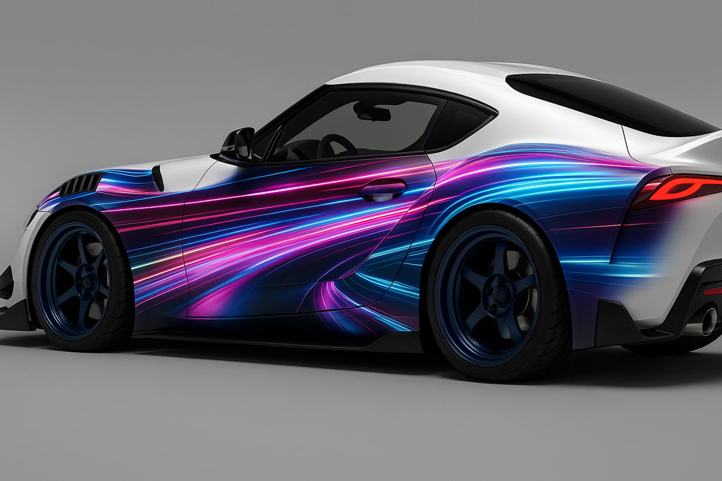 Neon Light Trail Car Wrap – Electric Blue & Pink Vinyl Wrap for Nissan GTR | Futuristic Glow Racing Design | Custom Sports Car Wrap by Stickalz nv017