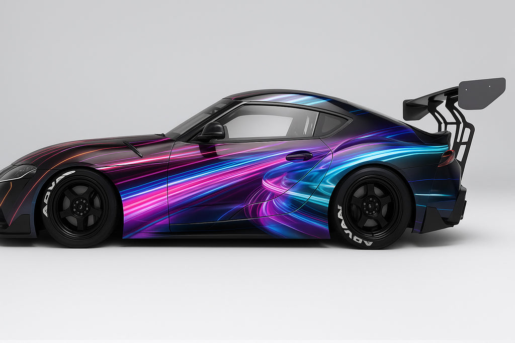 Neon Light Trail Car Wrap – Electric Blue & Pink Vinyl Wrap for Nissan GTR | Futuristic Glow Racing Design | Custom Sports Car Wrap by Stickalz nv017