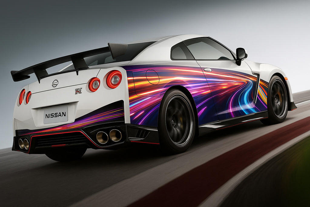 Neon Racing Light Car Wrap – Nissan GTR Full Body Vinyl Wrap | Futuristic Purple Blue Line Design | Premium Sports Car Wrap by Stickalz nv018