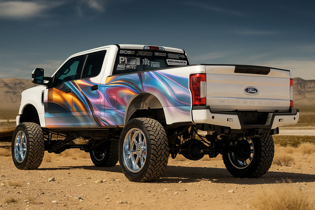 Iridescent Swirl Truck Wrap – Full Body Vinyl Wrap for Lifted Pickup | Color-Shifting Chrome Design | Custom Premium Vehicle Wrap by Stickalz nv019