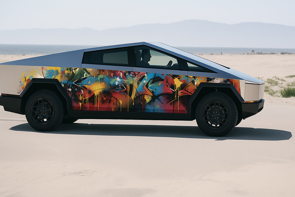 Graffiti Street Art Cybertruck Wrap – Full Side Vinyl Wrap | Urban Color Explosion Design | Custom Tesla Cybertruck Graphics by Stickalz nv020