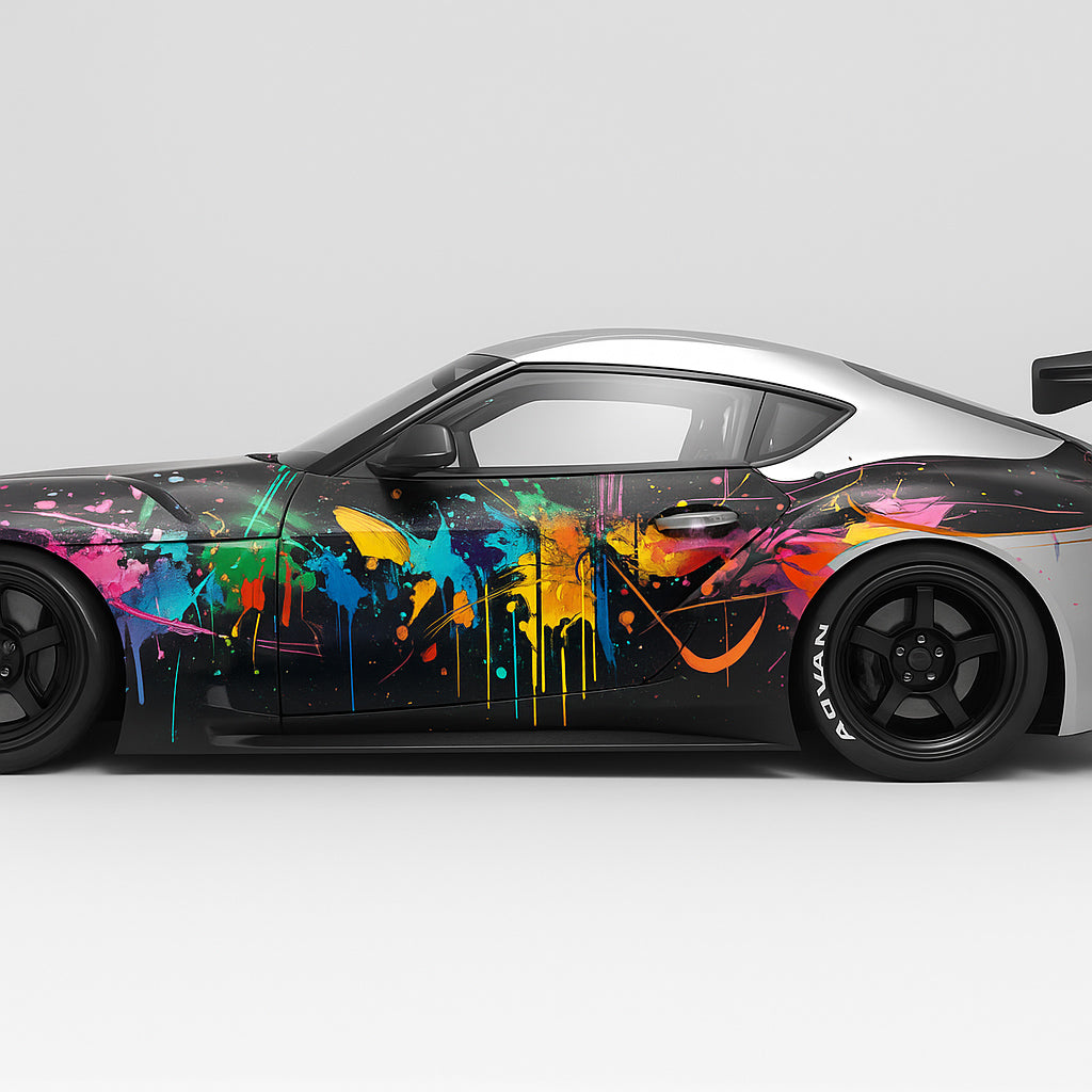 Graffiti Splash Car Wrap – Full Body Vinyl Wrap for Sports Car | Multicolor Abstract Racing Design | Custom Street Art Wrap by Stickalz nv021