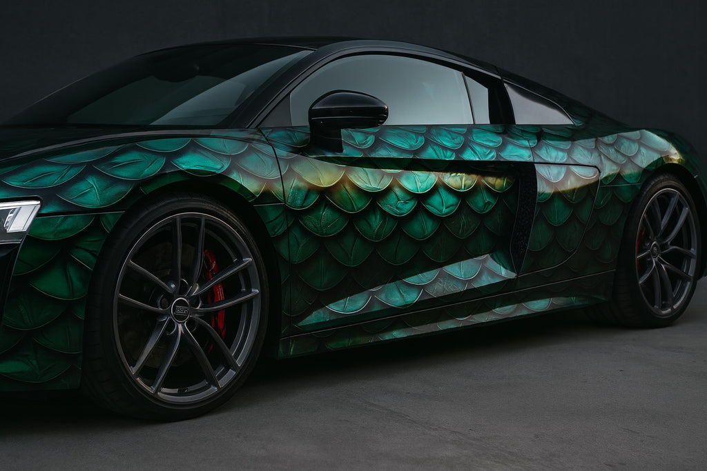 Emerald Dragon Scale Car Wrap – Luxury Full Body Vinyl Wrap | Green Metallic 3D Reptile Texture Design | Exotic Sports Car Wrap by Stickalz nv022