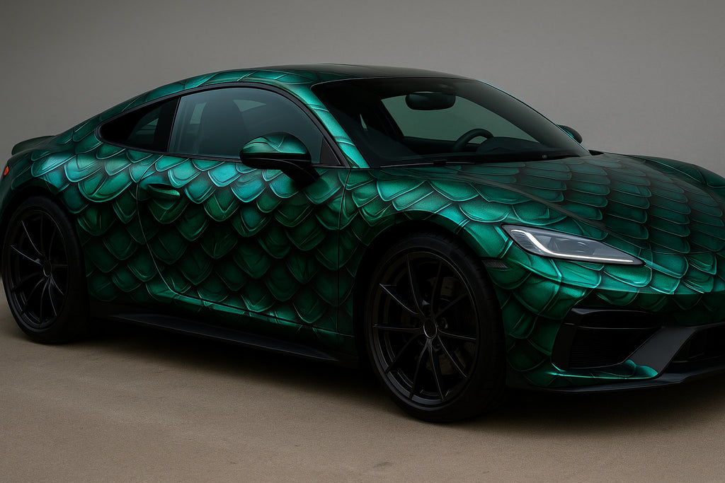 Emerald Dragon Scale Car Wrap – Luxury Full Body Vinyl Wrap | Green Metallic 3D Reptile Texture Design | Exotic Sports Car Wrap by Stickalz nv022