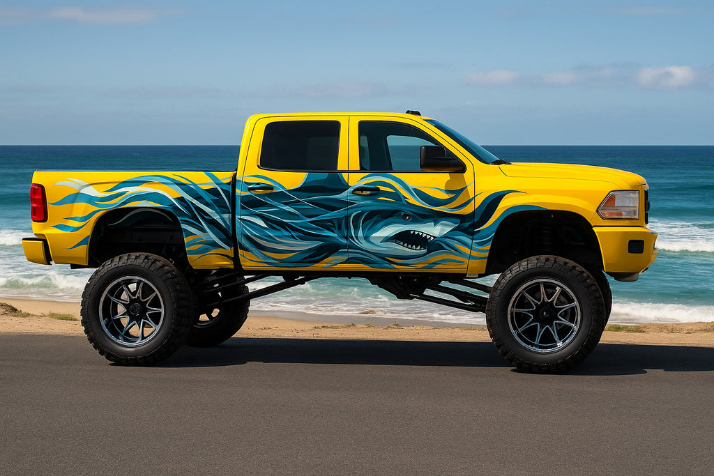 Shark Attack Truck Wrap – Full Side Vinyl Wrap for Lifted Pickup | Ocean Wave Blue Design | Custom Yellow Truck Graphics by Stickalz nv023
