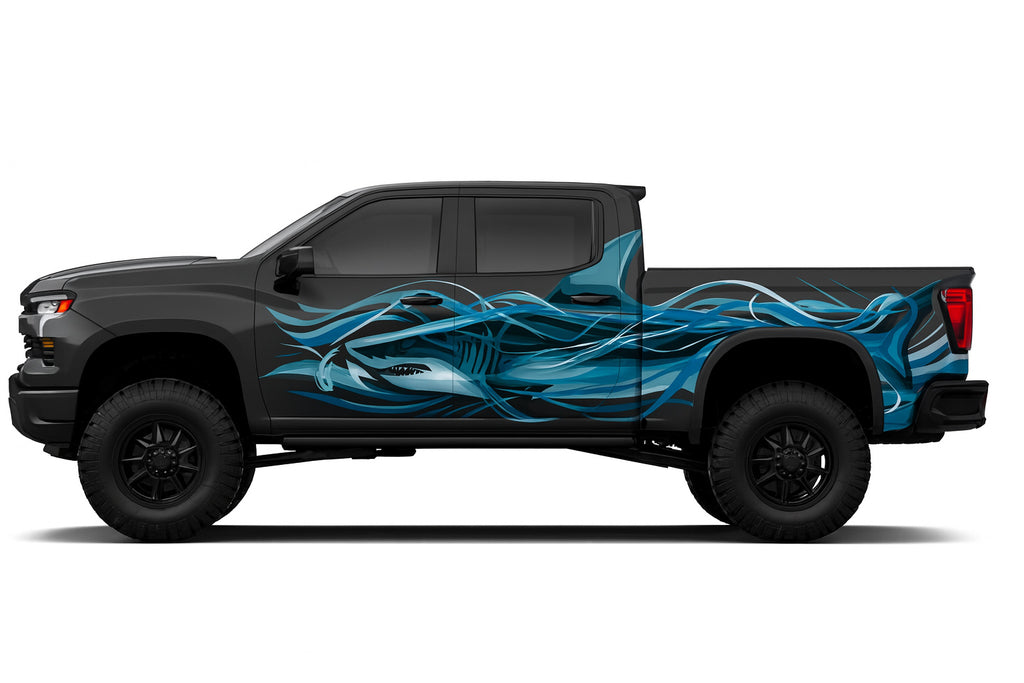 Shark Attack Truck Wrap – Full Side Vinyl Wrap for Lifted Pickup | Ocean Wave Blue Design | Custom Yellow Truck Graphics by Stickalz nv023