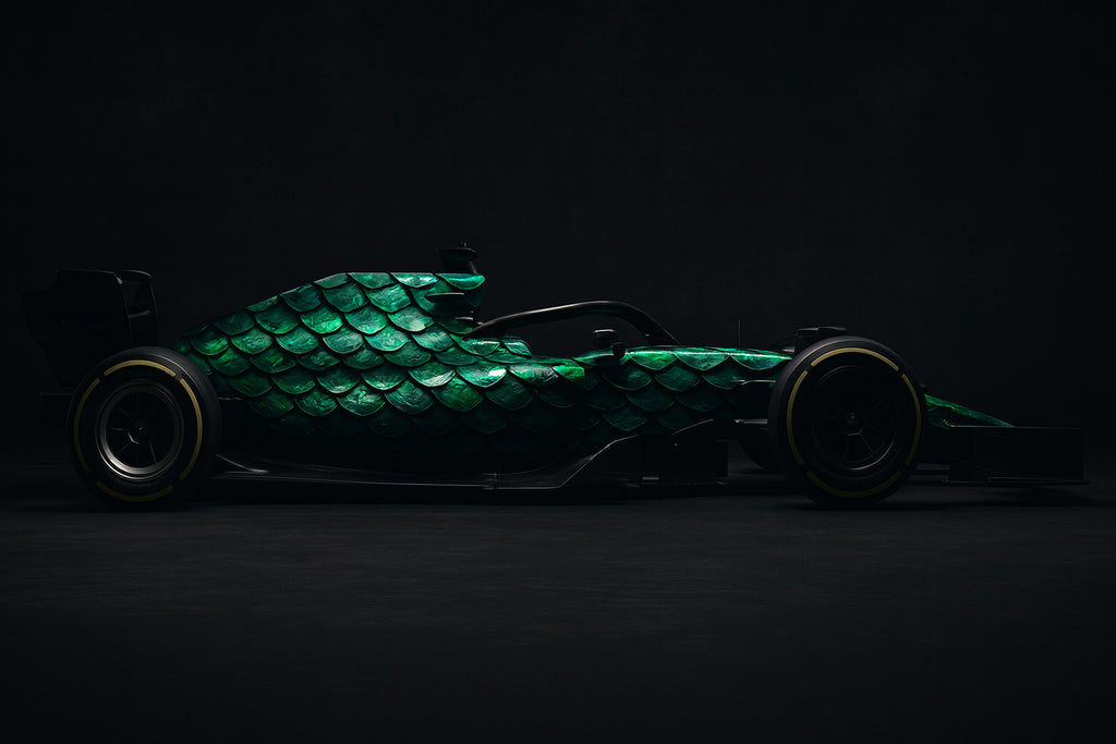 Emerald Dragon Scale Racing Wrap – Full Body Vinyl Wrap for Formula Cars | Metallic Green Reptile Texture Design | Custom Track Wrap by Stickalz nv024