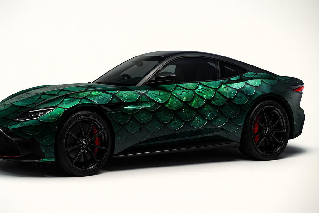 Emerald Dragon Scale Racing Wrap – Full Body Vinyl Wrap for Formula Cars | Metallic Green Reptile Texture Design | Custom Track Wrap by Stickalz nv024