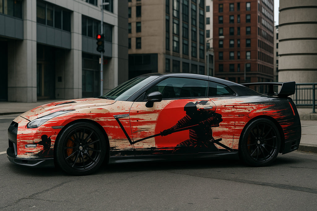 Samurai Street Car Decal – Full Side JDM Vinyl Wrap | Red And Black Japanese Style Graphic | Drift Racing Car Art Design by Stickalz nv026