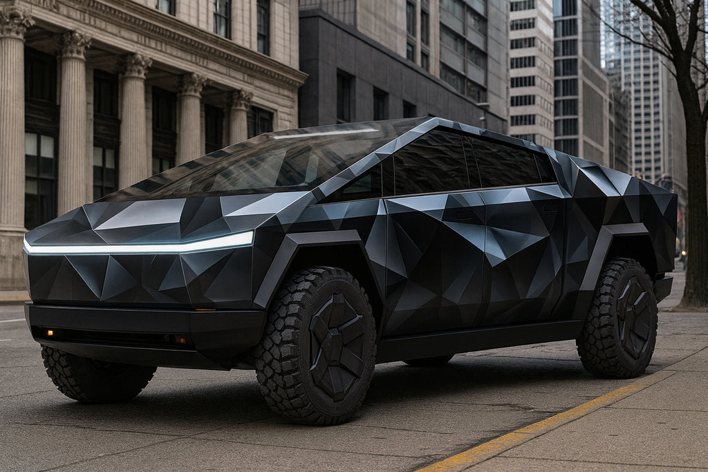 Matte Black Geometric Cybertruck Wrap – Futuristic Polygon Vinyl Design | Full Body Vehicle Wrap for Tesla by Stickalz nv028