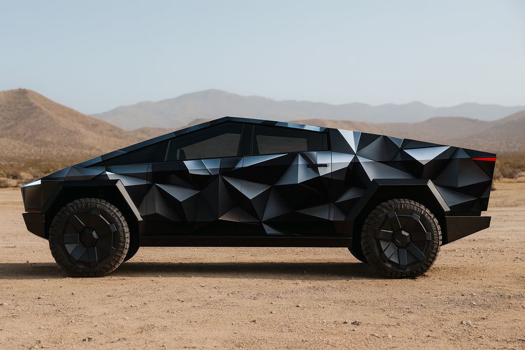 Matte Black Geometric Cybertruck Wrap – Futuristic Polygon Vinyl Design | Full Body Vehicle Wrap for Tesla by Stickalz nv028
