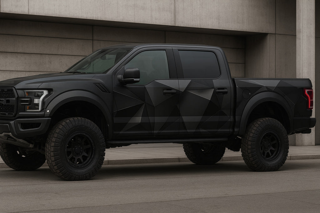 Matte Black Geometric Truck Wrap – Stealth Polygon Vinyl Design | Full Body Vehicle Wrap for Lifted Trucks & Off-Road Builds by Stickalz nv029