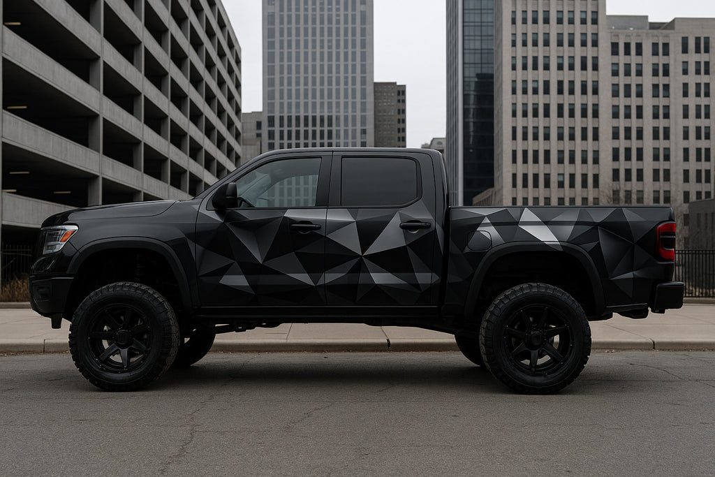 Matte Black Geometric Truck Wrap – Stealth Polygon Vinyl Design | Full Body Vehicle Wrap for Lifted Trucks & Off-Road Builds by Stickalz nv029