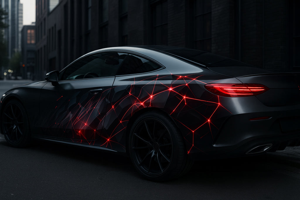 Black and Red Neon Grid Car Wrap – Futuristic Sci-Fi Vinyl Design | Full Side Vehicle Wrap for Sports and Luxury Cars by Stickalz nv030