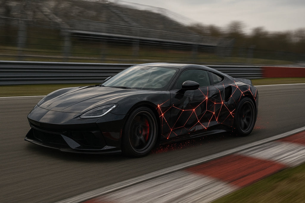 Black and Red Neon Grid Car Wrap – Futuristic Sci-Fi Vinyl Design | Full Side Vehicle Wrap for Sports and Luxury Cars by Stickalz nv030