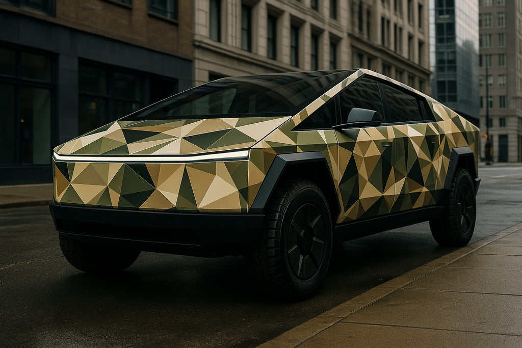 Geometric Camo Cybertruck Wrap – Military-Inspired Polygon Vinyl Design | Full Body Vehicle Wrap for Tesla Cybertruck & Trucks by Stickalz nv035