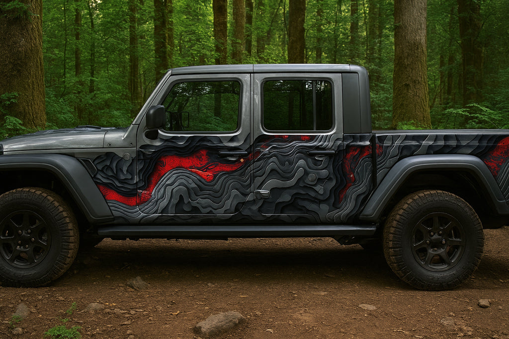 Lava Flow Jeep Wrap – Volcanic Red & Black 3D Terrain Vinyl Design | Full Side Adventure Vehicle Wrap for Jeep & Off-Road Trucks by Stickalz nv036