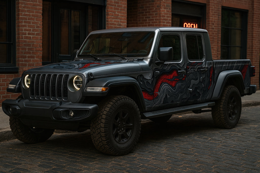 Lava Flow Jeep Wrap – Volcanic Red & Black 3D Terrain Vinyl Design | Full Side Adventure Vehicle Wrap for Jeep & Off-Road Trucks by Stickalz nv036