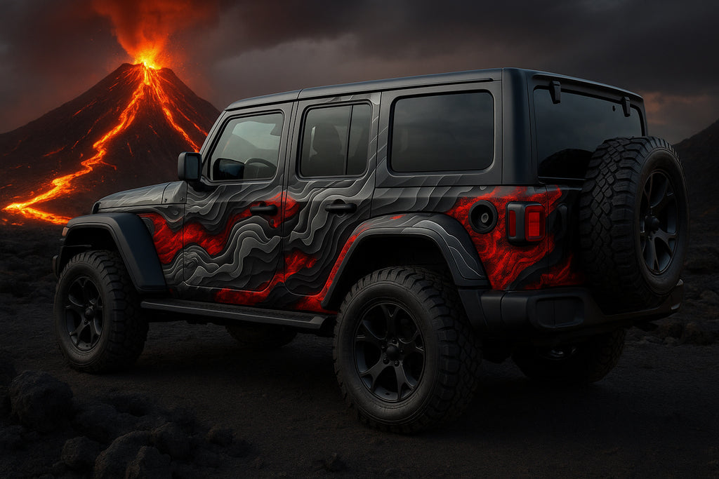 Lava Flow Jeep Wrap – Volcanic Red & Black 3D Terrain Vinyl Design | Full Side Adventure Vehicle Wrap for Jeep & Off-Road Trucks by Stickalz nv036