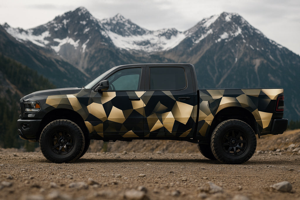 Desert Camo Geometric Truck Wrap – 3D Polygon Military Vinyl Design | Full Body Off-Road Vehicle Wrap for Pickup Trucks & SUVs by Stickalz nv037