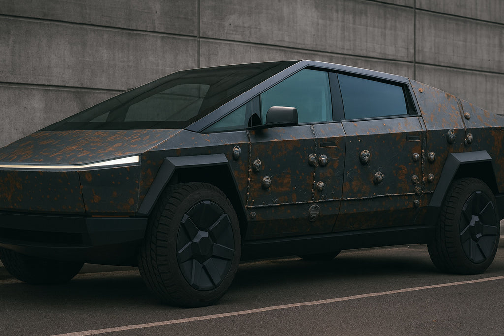 Rusted Armor Cybertruck Wrap – Industrial Steel Bolt & Patina Metal Vinyl Design | Full Body Vehicle Wrap for Tesla Cybertruck & Futuristic Builds by Stickalz nv039