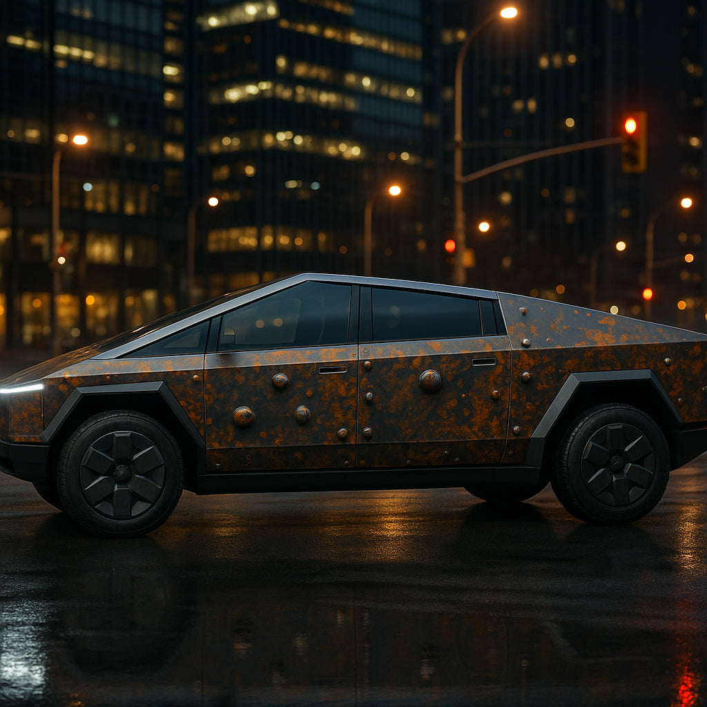Rusted Armor Cybertruck Wrap – Industrial Steel Bolt & Patina Metal Vinyl Design | Full Body Vehicle Wrap for Tesla Cybertruck & Futuristic Builds by Stickalz nv039