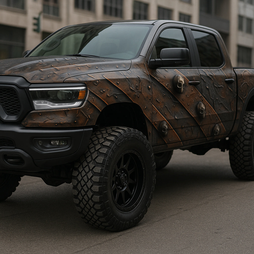 Armored Steel Truck Wrap – Industrial Rusted Metal and Bolt Texture Vinyl | Battle-Ready Full Vehicle Wrap for Off-Road Trucks & Pickups by Stickalz nv040