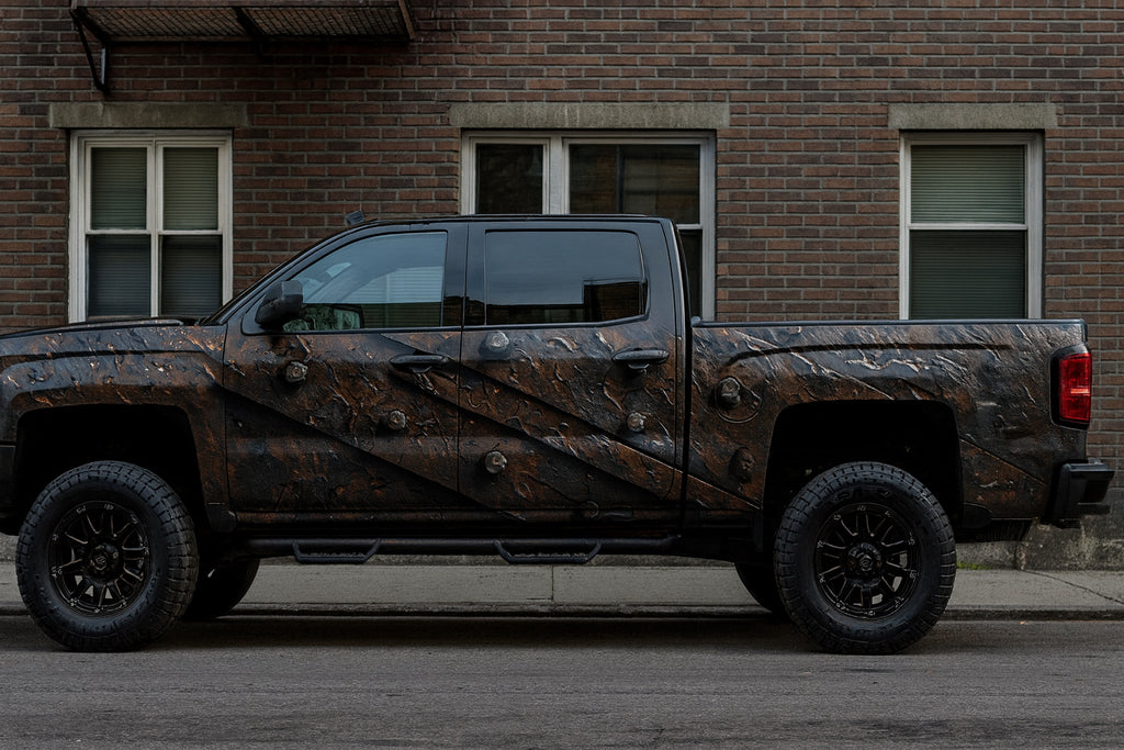 Armored Steel Truck Wrap – Industrial Rusted Metal and Bolt Texture Vinyl | Battle-Ready Full Vehicle Wrap for Off-Road Trucks & Pickups by Stickalz nv040