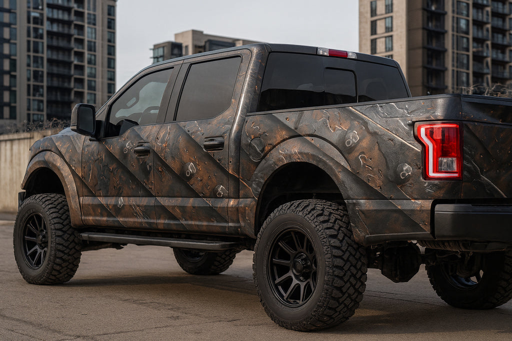 Armored Steel Truck Wrap – Industrial Rusted Metal and Bolt Texture Vinyl | Battle-Ready Full Vehicle Wrap for Off-Road Trucks & Pickups by Stickalz nv040