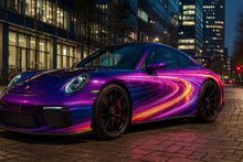 Load image into Gallery viewer, Neon Velocity Supercar Wrap – Purple Electric Light Trails Vinyl | High-Gloss Full Vehicle Wrap for Sports Cars, Luxury Exotics &amp; Custom Builds by Stickalz nv044