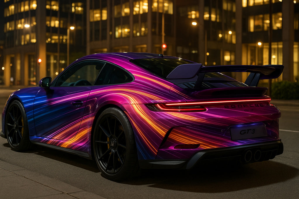 Neon Velocity Supercar Wrap – Purple Electric Light Trails Vinyl | High-Gloss Full Vehicle Wrap for Sports Cars, Luxury Exotics & Custom Builds by Stickalz nv044