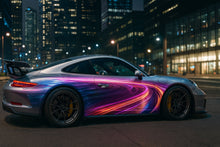 Load image into Gallery viewer, Neon Velocity Supercar Wrap – Purple Electric Light Trails Vinyl | High-Gloss Full Vehicle Wrap for Sports Cars, Luxury Exotics &amp; Custom Builds by Stickalz nv044