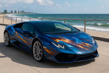Load image into Gallery viewer, Ocean Flame Supercar Wrap – Blue Metallic Waves &amp; Gold Fire Flow Design | Gloss Vinyl Vehicle Wrap for Exotics, Sports Cars &amp; Custom Builds by Stickalz nv045