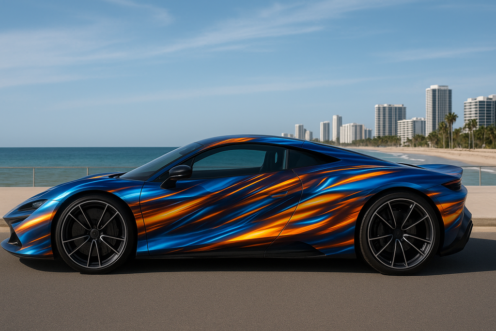 Ocean Flame Supercar Wrap – Blue Metallic Waves & Gold Fire Flow Design | Gloss Vinyl Vehicle Wrap for Exotics, Sports Cars & Custom Builds by Stickalz nv045