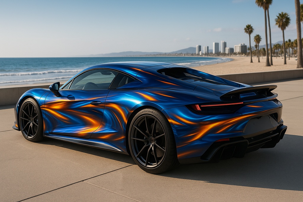 Ocean Flame Supercar Wrap – Blue Metallic Waves & Gold Fire Flow Design | Gloss Vinyl Vehicle Wrap for Exotics, Sports Cars & Custom Builds by Stickalz nv045