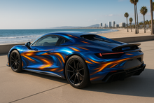 Load image into Gallery viewer, Ocean Flame Supercar Wrap – Blue Metallic Waves &amp; Gold Fire Flow Design | Gloss Vinyl Vehicle Wrap for Exotics, Sports Cars &amp; Custom Builds by Stickalz nv045