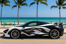 Load image into Gallery viewer, Monochrome Wave Supercar Wrap – Black &amp; White Fluid Flow Design | Luxury Gloss Vinyl Vehicle Wrap for Sports Cars, Exotics &amp; Custom Builds by Stickalz nv046