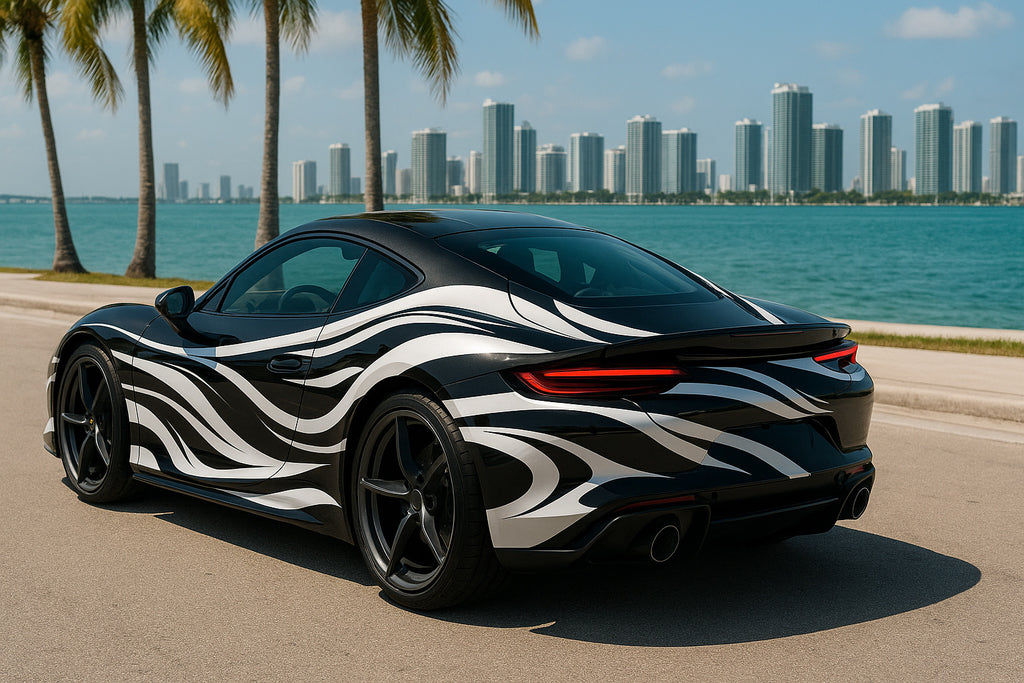 Monochrome Wave Supercar Wrap – Black & White Fluid Flow Design | Luxury Gloss Vinyl Vehicle Wrap for Sports Cars, Exotics & Custom Builds by Stickalz nv046