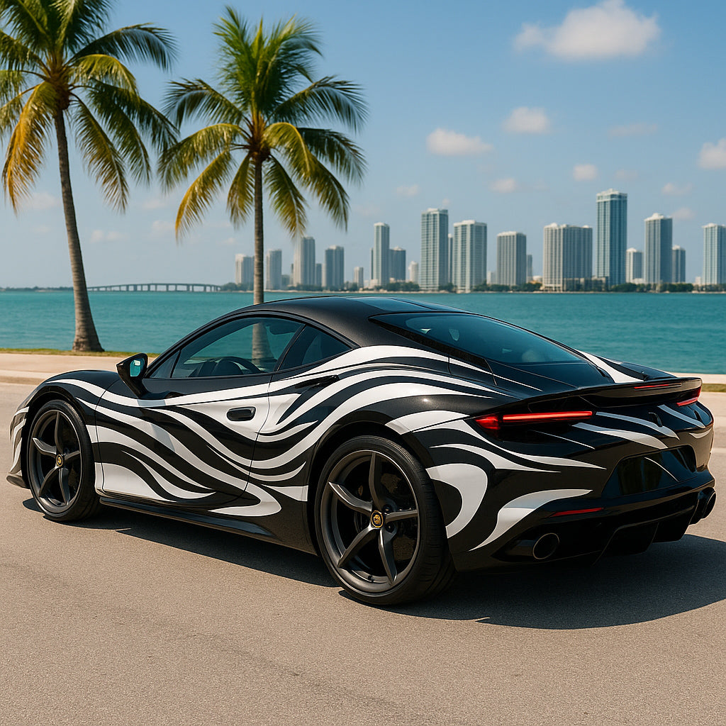 Monochrome Wave Supercar Wrap – Black & White Fluid Flow Design | Luxury Gloss Vinyl Vehicle Wrap for Sports Cars, Exotics & Custom Builds by Stickalz nv046