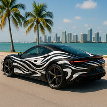 Load image into Gallery viewer, Monochrome Wave Supercar Wrap – Black &amp; White Fluid Flow Design | Luxury Gloss Vinyl Vehicle Wrap for Sports Cars, Exotics &amp; Custom Builds by Stickalz nv046