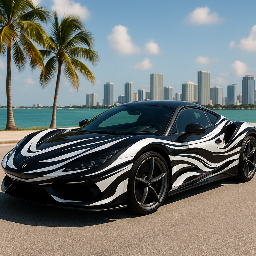 Monochrome Wave Supercar Wrap – Black & White Fluid Flow Design | Luxury Gloss Vinyl Vehicle Wrap for Sports Cars, Exotics & Custom Builds by Stickalz nv046