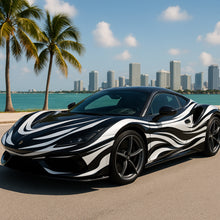 Load image into Gallery viewer, Monochrome Wave Supercar Wrap – Black &amp; White Fluid Flow Design | Luxury Gloss Vinyl Vehicle Wrap for Sports Cars, Exotics &amp; Custom Builds by Stickalz nv046