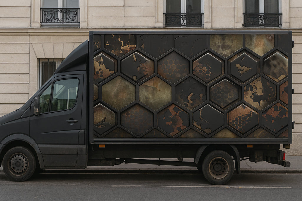 Industrial Honeycomb Truck Wrap – Black & Bronze 3D Metallic Texture | Premium Commercial Vinyl Wrap for Box Trucks, Delivery Fleets & Food Vans by Stickalz nv047