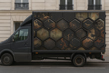 Load image into Gallery viewer, Industrial Honeycomb Truck Wrap – Black &amp; Bronze 3D Metallic Texture | Premium Commercial Vinyl Wrap for Box Trucks, Delivery Fleets &amp; Food Vans by Stickalz nv047