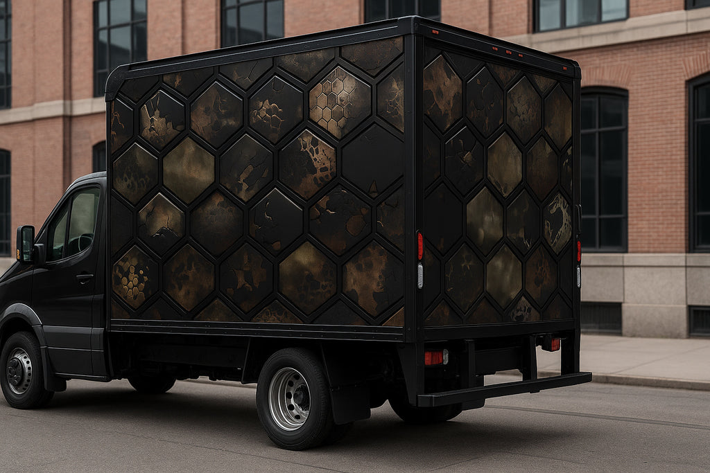 Industrial Honeycomb Truck Wrap – Black & Bronze 3D Metallic Texture | Premium Commercial Vinyl Wrap for Box Trucks, Delivery Fleets & Food Vans by Stickalz nv047