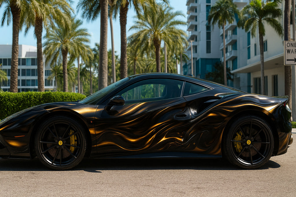 Molten Gold Supercar Wrap – Black & Liquid Gold Metallic Flame Design | Gloss Vinyl Vehicle Wrap for Exotic Cars, Sports Coupes & Custom Builds by Stickalz nv048